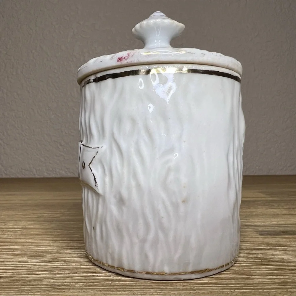 Antique Victorian Porcelain Horseradish Pot Jar Hand Painted Floral Gilt Lid